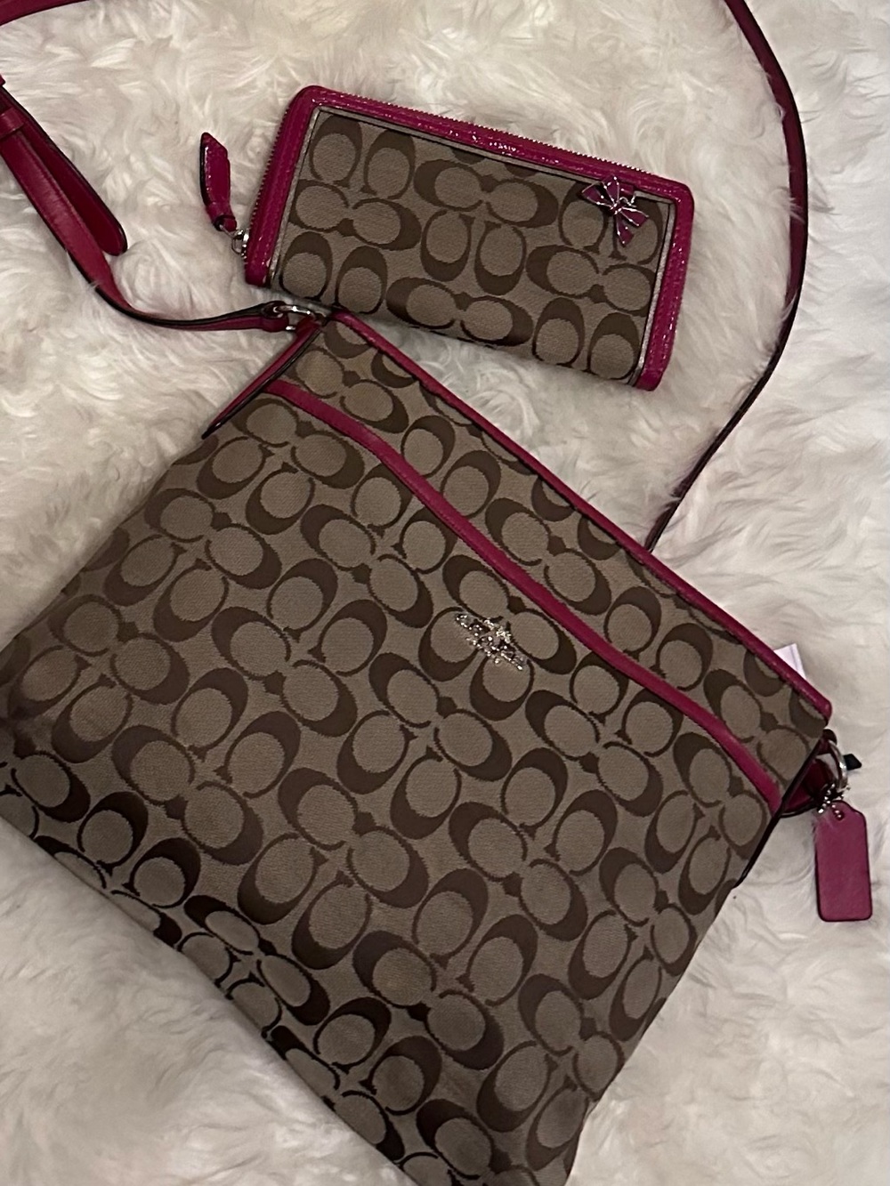 Coach Signature Crossbody with dark Pink Trim - Brown/Pink with matching wallet